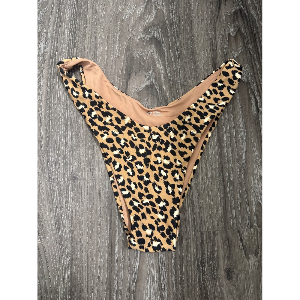 Aerie Leopard Print High Cut Cheekier Bikini Bottom V-Front Tan Black Small